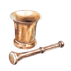 Apothecary mortar with pestle. Watercolor hand drawn illustration of an antique brass alchemist's mortar.. Clipart for blog design on the topic of medicine, alchemy and chemistry.