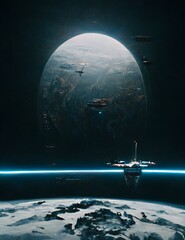spaceship threetimes the size of earth in earth orbit clear lines contrast matte scifi exmachina deus ex minimalistic science fiction civilization epic cinematic high quality realistic epic 