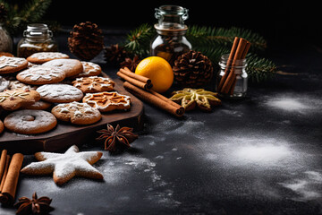 christmas, food cooking and winter holidays concept - close up of iced gingerbread cookies, molds, flour and other ingredients on black table