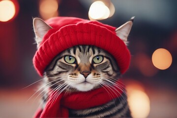 Portrait of a Cute Cat Dressed in a Red Scarf and Hat