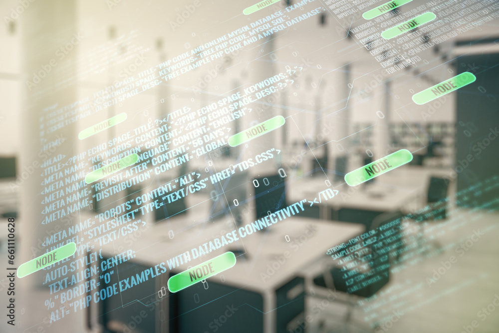 Aufkleber double exposure of abstract creative programming illustration on a modern furnished office interior 