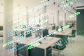 Double exposure of abstract creative programming illustration on a modern furnished office interior background, big data and blockchain concept