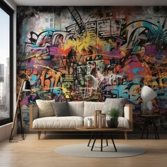Mock up poster frame in interior background, Scandinavian style, 3d render.  Interior design of modern living room with graffiti wall.  - obrazy, fototapety, plakaty