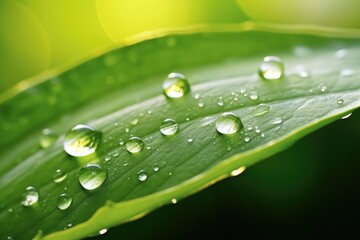 Beautiful drops of rain water on a green leaf macro., Generative AI