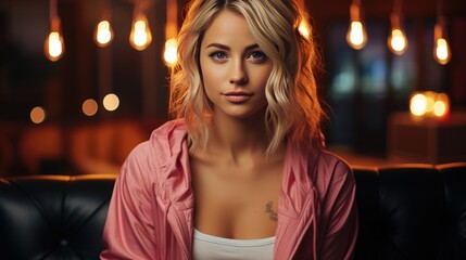 Young woman sitting in cafe.