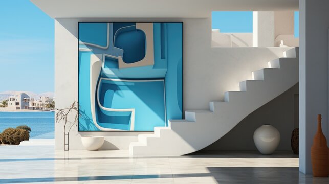 3d render interior design of modern house with blue wall and stairs. A modern living room with sea view on the background. 