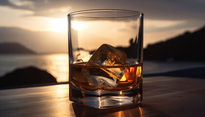 a shot of rum in front of the beach - obrazy, fototapety, plakaty
