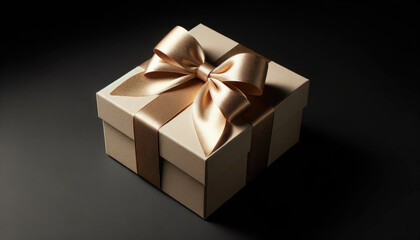 Obraz premium Beige gift box with golden bow set against black background. Black Friday sale banner. 