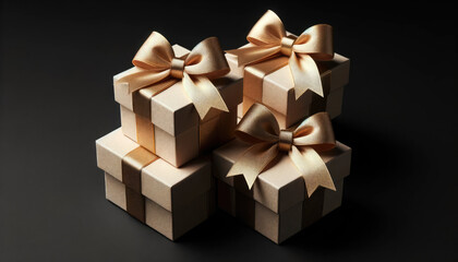 Beige gift boxes with golden bow set against black background. Black Friday sale banner. 	