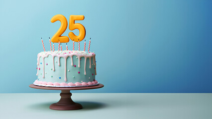 25th year birthday cake on isolated colorful pastel background