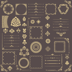 Obraz na płótnie Canvas Vintage set of vector horizontal, square and round elements. Elements for backgrounds and frames. Classic brown and golden patterns. Set of vintage patterns