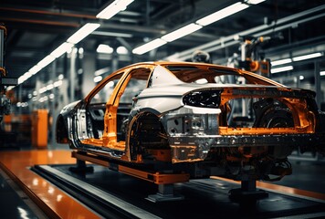 a modern automobile plant, car assembly on modern equipment, an automated assembly line for robotic arms, producing advanced high-tech electric vehicles running on clean energy.
