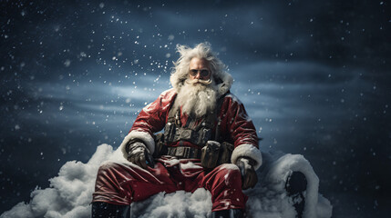 Portrait of Santa Claus in a modern style. Sitting in the snow in a storm environment. Christmas concept.
