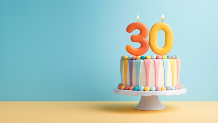 30th year birthday cake on isolated colorful pastel background