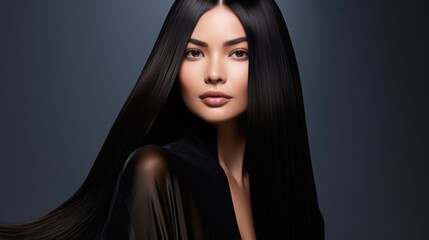 Fototapeta premium Beautiful woman with long straight black shiny hair. Women's beauty, hair care.