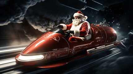 Santa Claus driving a futuristic vehicle at high speed in a storm and snow environment. Futuristic Christmas concept