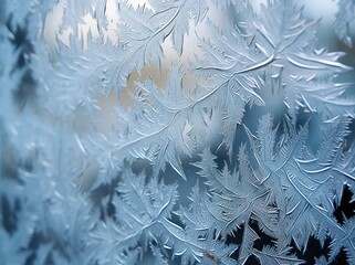 Ice crystals. ice structure. Frost on glass, freezing effect, frost pattern
