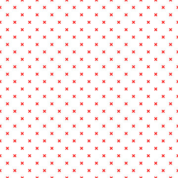 Seamless surface pattern with symmetric ornament. Red staggard crosses on white background abstract. Grid motif. Ethnic wallpaper. Digital paper for web design, scrapbook. Vector art illustration
