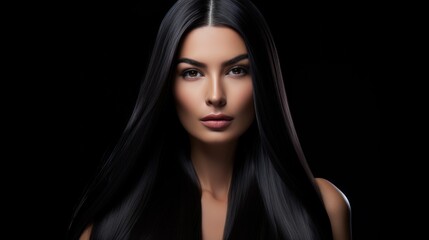 Fototapeta premium Beautiful woman with long straight black shiny hair. Women's beauty, hair care.