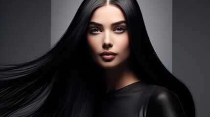 Fototapeta premium Beautiful woman with long straight black shiny hair. Women's beauty, hair care.