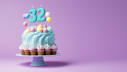 32nd year birthday cake on isolated colorful pastel background