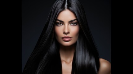 Beautiful woman with long straight black shiny hair. Women's beauty, hair care.