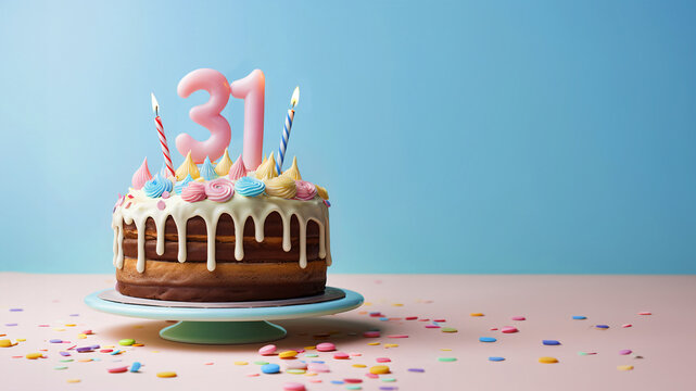31st year birthday cake on isolated colorful pastel background
