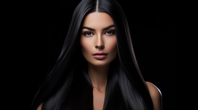Beautiful woman with long straight black shiny hair. Women's beauty, hair care.