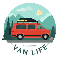 Van life: van and mountain landscape background
