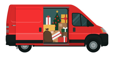 Van full of Christmas gifts isolated