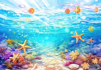 Fototapeta na wymiar Split image above and below the sea surface. Tropical islands and blue skies on the horizon. Starfish lie on the sand under clear water. Underwater world. Illustration for cover, card, interior design