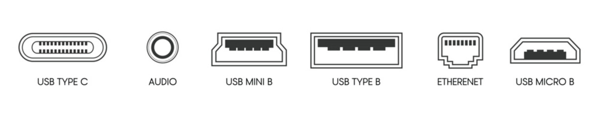 Creative vector illustration of usb computer universal connectors icon symbol isolated on transparent background. Mini, micro, lightning, type A, B, C plugs design. Abstract concept graphic element