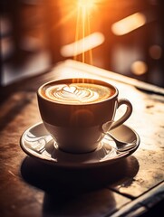 Cup of cappuccino on the table which is highlighted by the morning summer sun