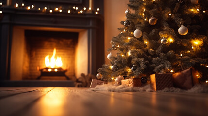 Christmas tree and present boxes was decorated stand near a fireplace for festival.