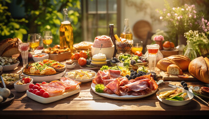 A breakfast or brunch table beautifully set with an enticing assortment of delectable delicacies, creating the perfect spread for an Easter feast. - obrazy, fototapety, plakaty