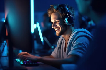 A cheerful gamer streamer, happy with the process of playing at the cybersport championship. Joyful game player at an Esports event.