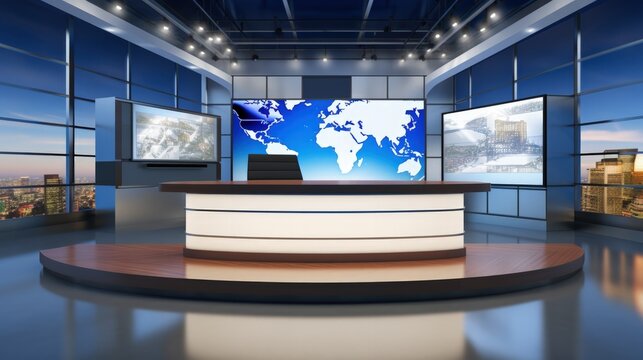 Tv studio. News studio. News studio. The perfect backdrop for any green screen or chroma key video or photo production. 3d render.