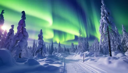 Crédence de cuisine en verre imprimé Aurores boréales An awe-inspiring spectacle of the northern lights, the mesmerizing aurora borealis, casting its radiant glow over a wintry landscape along a path in Finnish Lapland.