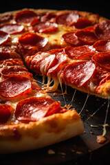 Close-up food photography of a greasy pizza with pepperoni and cheese