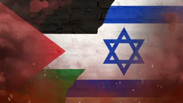 flags of Palestine and Israel painted on cracked wall