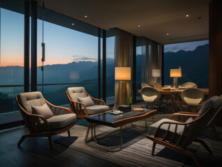 Luxury living room interior with panoramic window overlooking the mountains. 