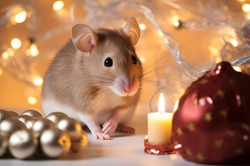 A little mouse in a Christmas setup. Studio portrait, winter festive season template.