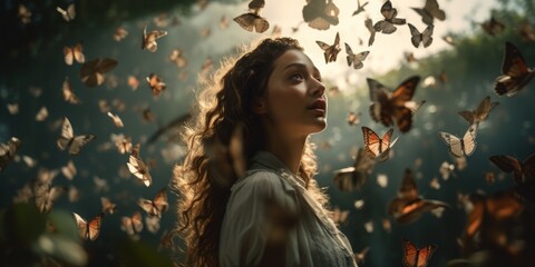 A whimsical image featuring a lone woman surrounded by a flurry of butterflies. This enchanting scene evokes feelings of freedom, transformation, and the magic of nature. - obrazy, fototapety, plakaty