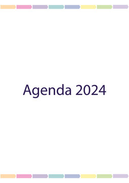 Agenda 2024 en Español tamaño A4 vertical. 65 páginas, tapa contratapa, horarios, gastos, listas de compras, 7 días por hoja y notas.