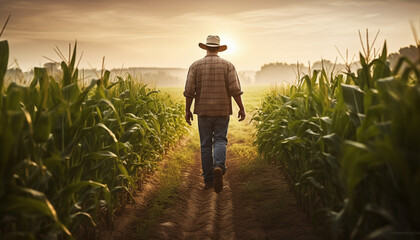 As the sun rises, a farmer takes a peaceful stroll through a vast cornfield, with a grain silo standing tall in the distance. - obrazy, fototapety, plakaty