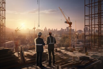 two man construction engineers supervising progress of construction project at construction site