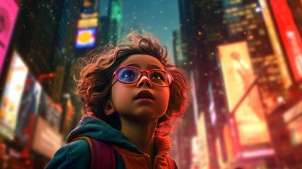 A wide shot of a child girl in sunglasses looking up at the tall buildings in Times Square. - obrazy, fototapety, plakaty
