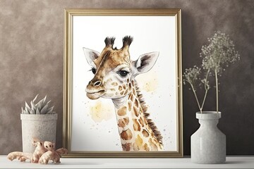 Giraffe portrait in a frame on the wall