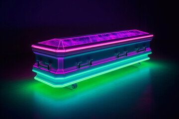 A coffin with a neon effect. Burial ceremony. Funerals Ritual services.  - obrazy, fototapety, plakaty