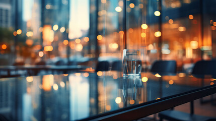 Blurry background with office with big glass in city - obrazy, fototapety, plakaty